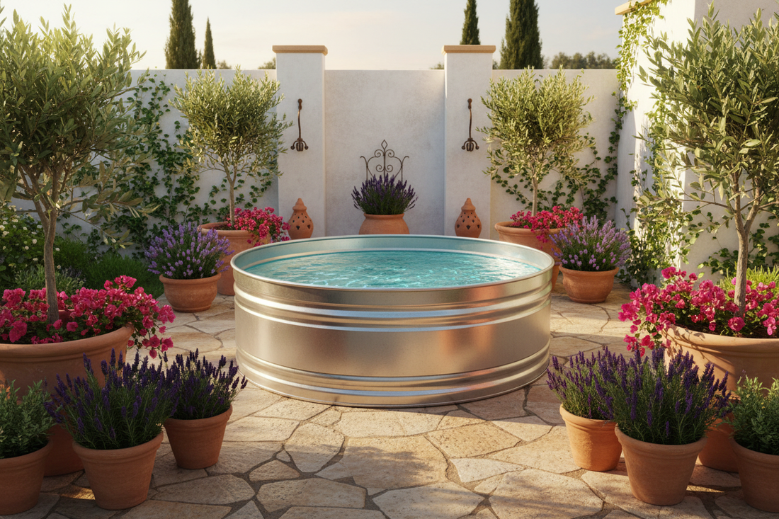 stock tank pool in a styled garden with pebble stone paving and potted planters in perth wa 
