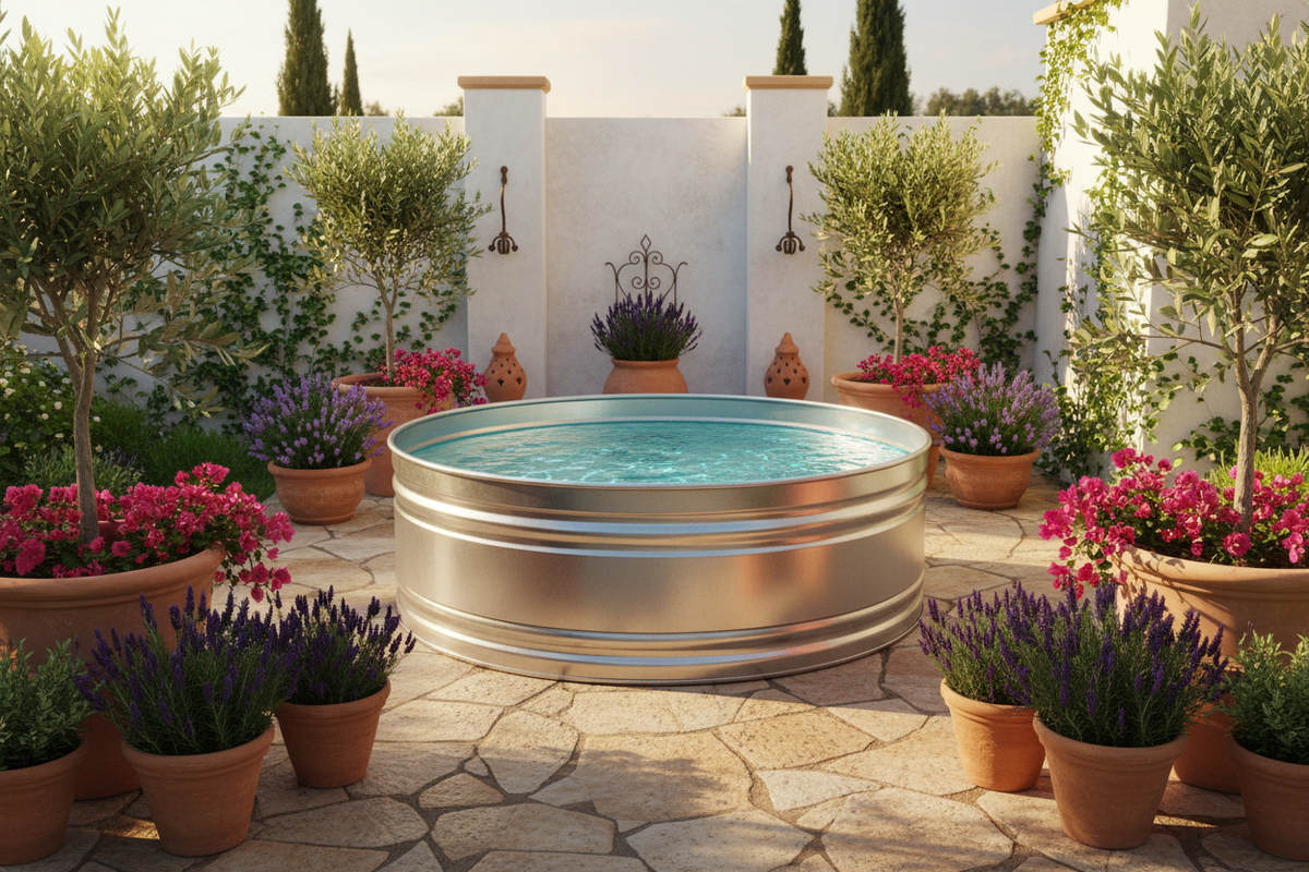 stock tank pool in a styled garden with pebble stone paving and potted planters in perth wa 