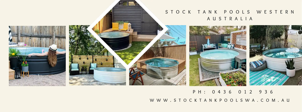 Galvanized steel stock tank pools in various sizes and designs, some with blue or white finishes.