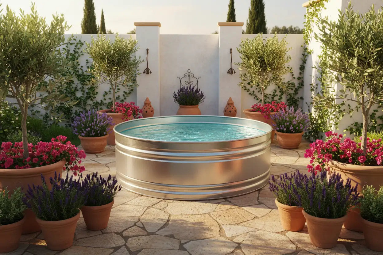 Stock tank pool - Mediterranean garden